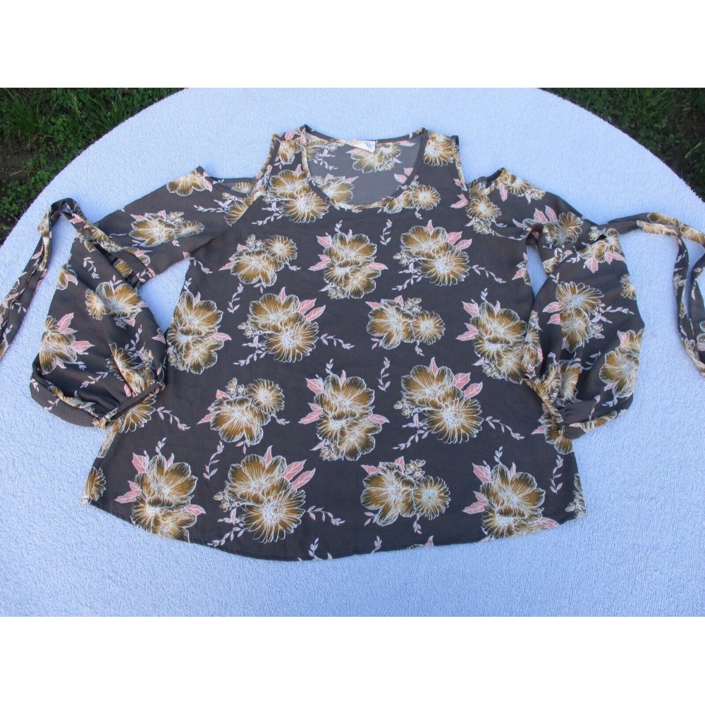 Sienna Sky Cold Shoulder Top Women's Size S Brown with Yellow Flowers Bow Sleeve - Picture 1 of 11